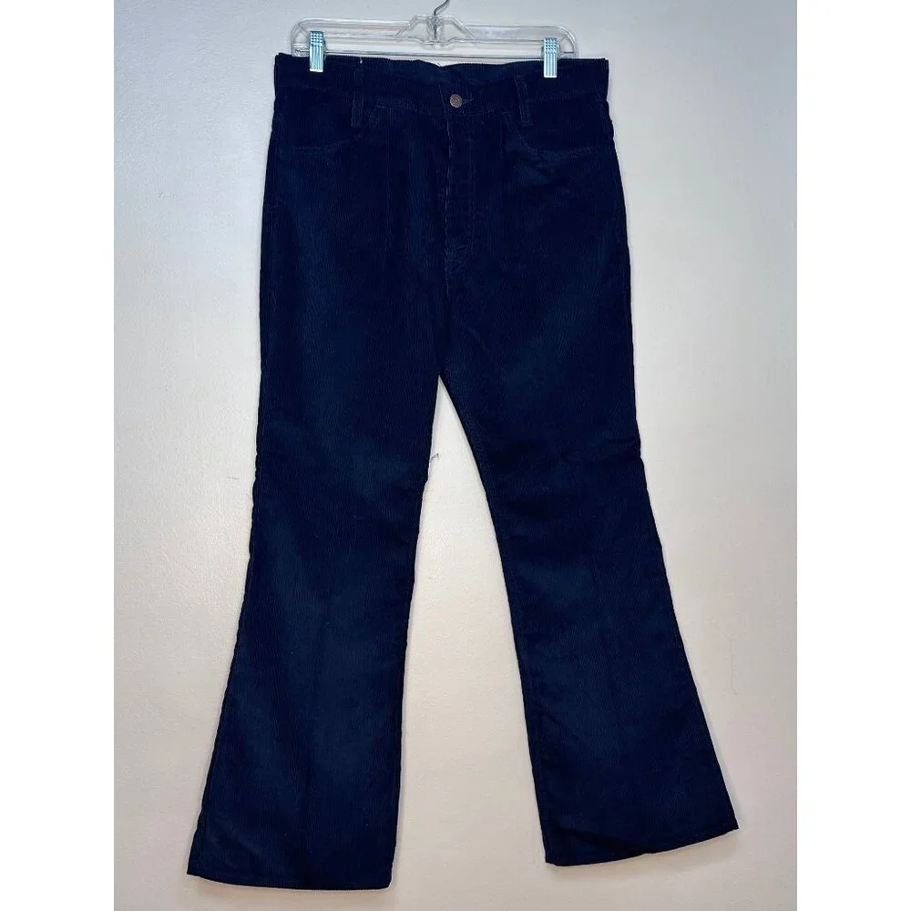 Vintage 1970s Levi’s 946 Bell Bottom Navy Blue Corduroy Jeans, White Tab 32.5x28